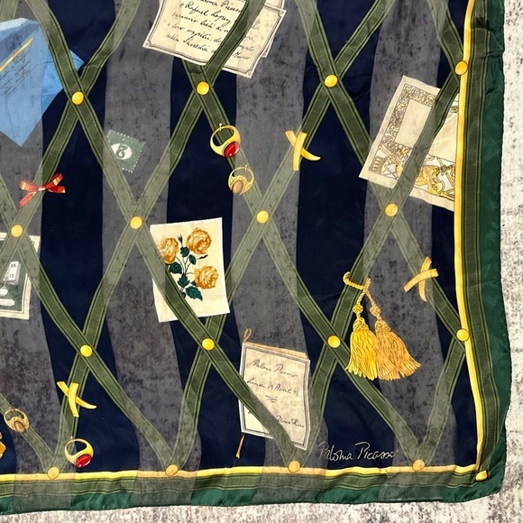 Vintage Paloma Picasso Silk Scarf Italy Green Yellow Navy Blue 33x33” square - Picture 2 of 7